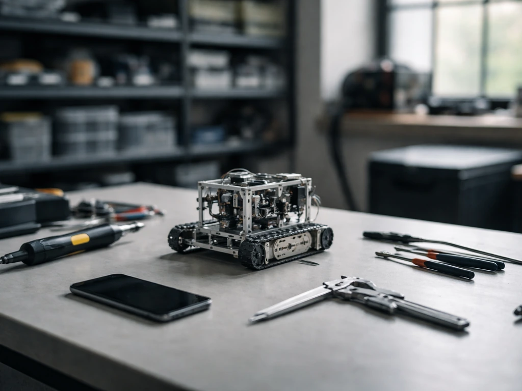 Minimal photo of a robotics lab workstation with a small prototype and tablet, symbolizing innovation and wealth researc
