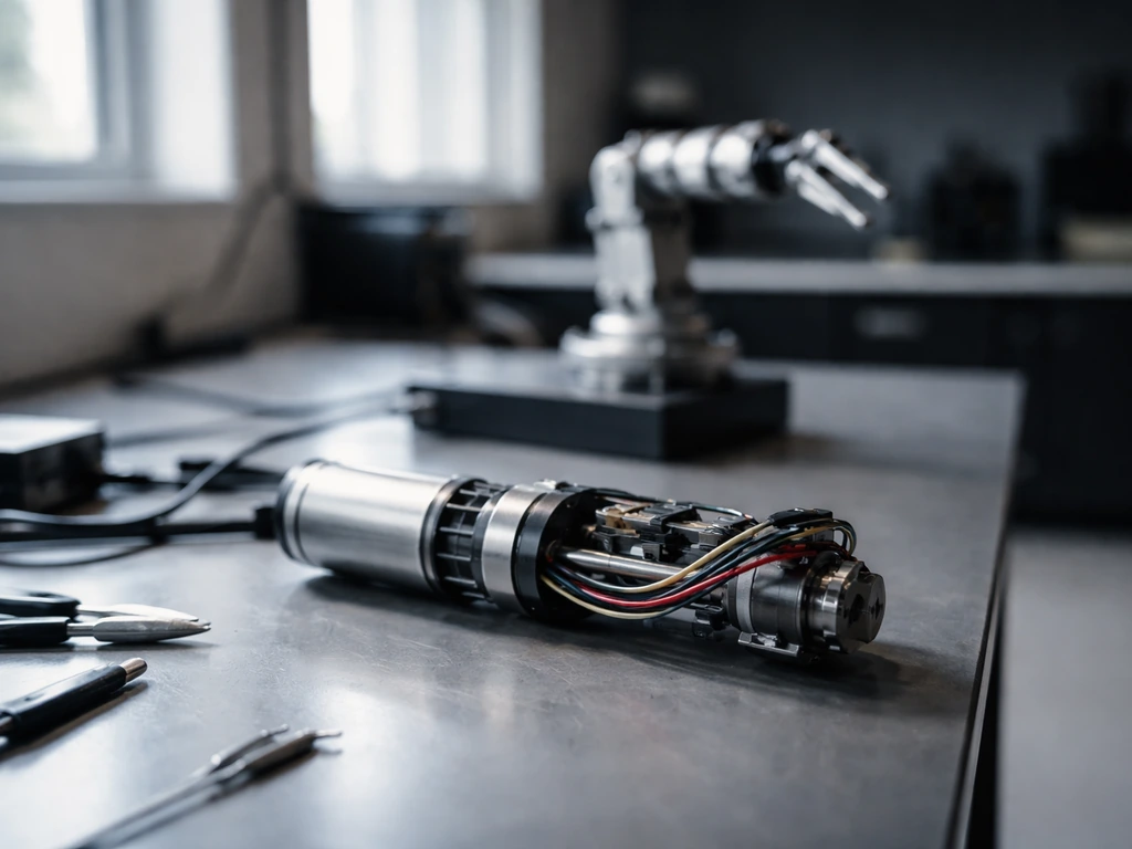 Minimal robotics lab scene with a workstation and glowing actuator components, symbolizing tech wealth interest.