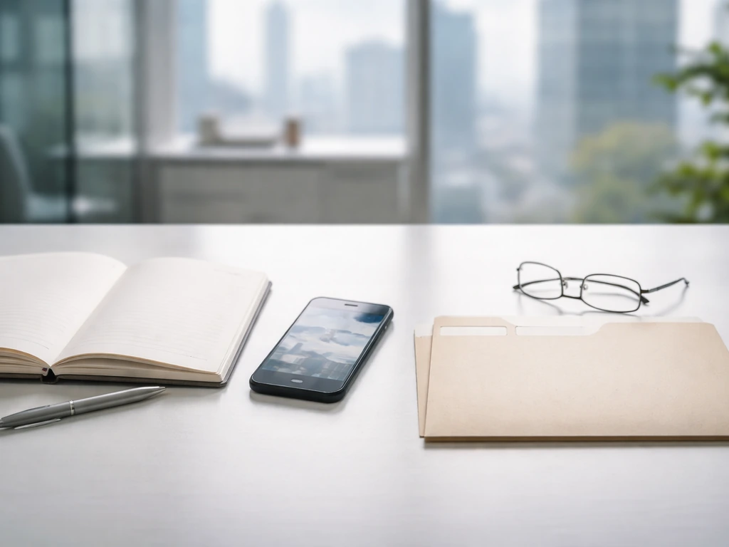 Minimal office desk scene with notebook and phone showing research focus on company funding verification.
