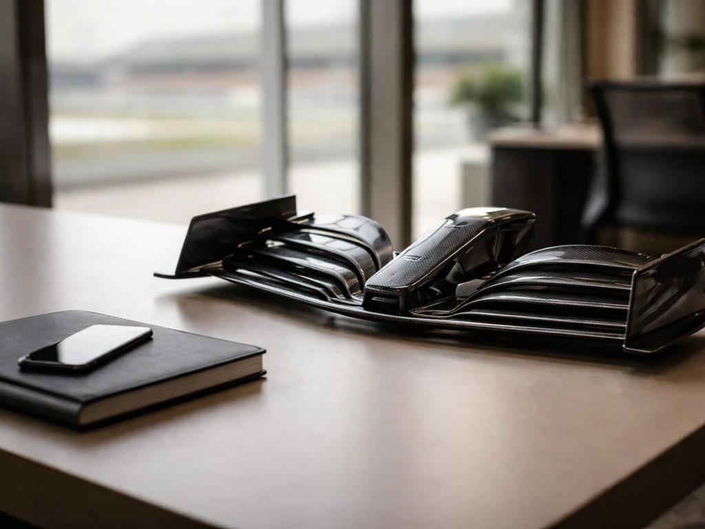 Motorsport executive office scene with a Formula car part and professional desk, symbolizing high-level F1 management.