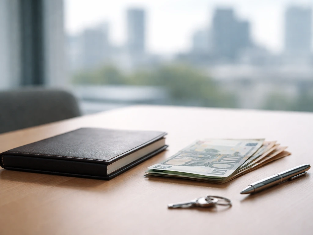 Minimal photo of an anonymous desk scene with scattered cash and a ledger-like notebook suggesting wealth estimate range
