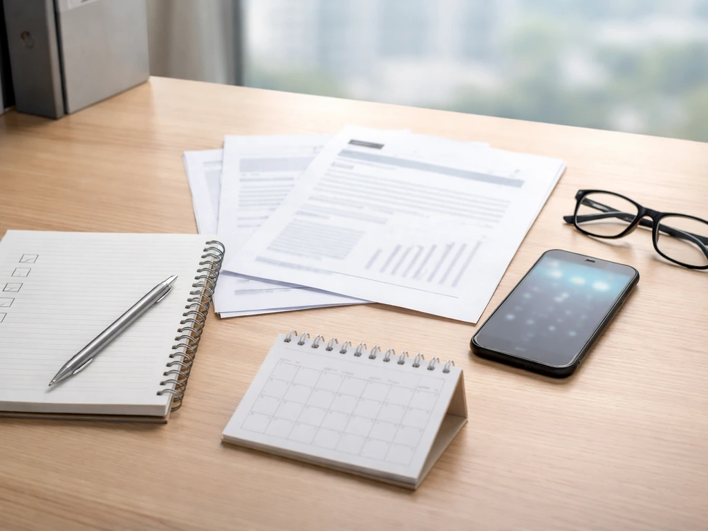 Desk with blank checklist notebook, generic documents, phone glow, and eyeglasses to cross-check estimates.