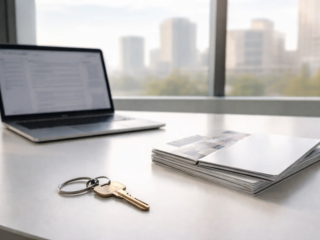 Minimal office scene with a property key, laptop, and building silhouettes for identity verification context