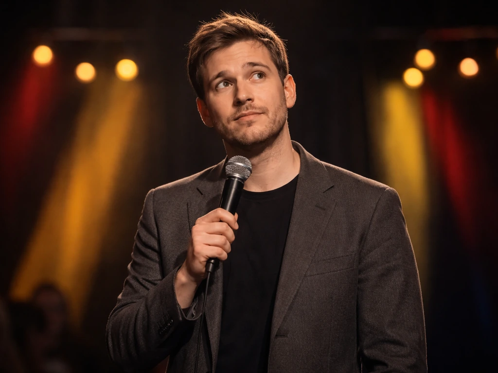 Belgian entertainer themed scene with a comedian holding a microphone in a quiet studio backdrop.