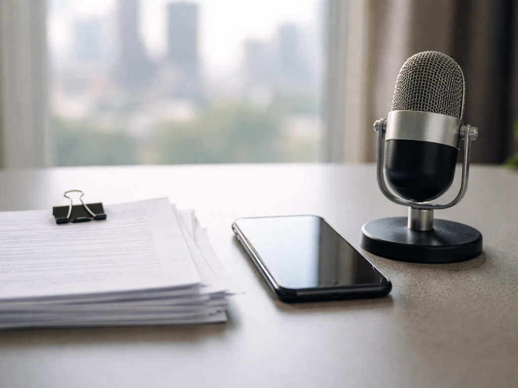 Tabletop close-up of annual account pages, an off smartphone, and a studio microphone implying research sources.
