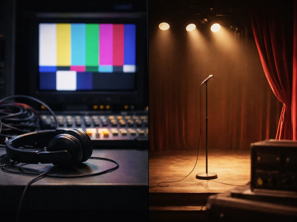 Split scene: TV studio cues on one side and a theater stage with microphone stand on the other.