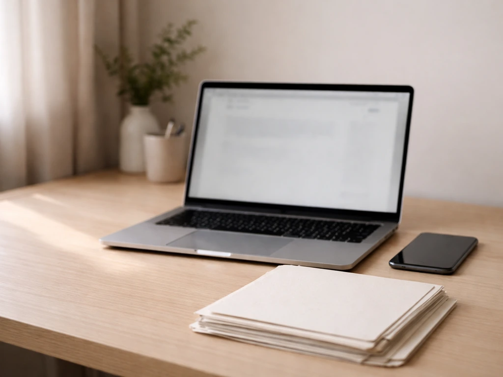 Minimal office desk with laptop and papers, symbolizing checking official annual accounts data