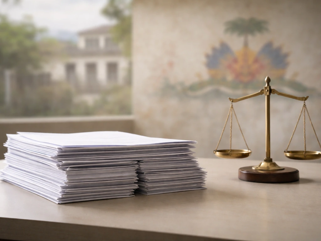 Documents and a balance scale on a desk with a softly blurred Haiti-like civic background.