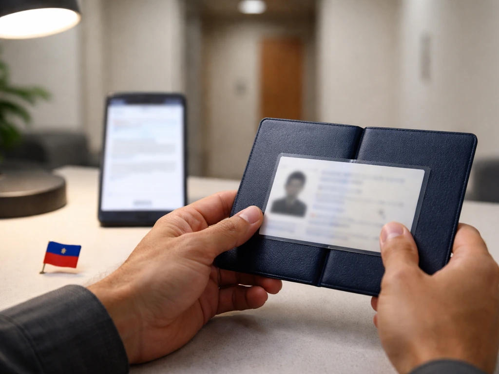 Anonymous hands checking an unreadable passport and ID folder on a desk near a government entrance.