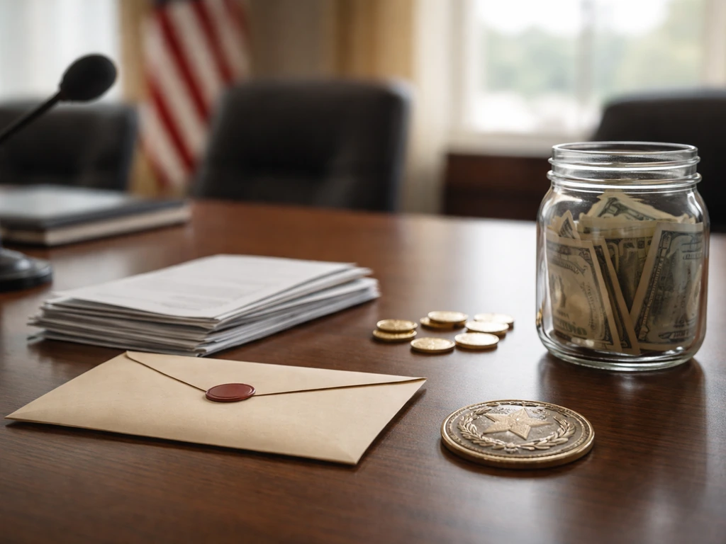 Minimal photo showing symbolic wealth drivers: envelopes, coins, an official-style badge, and a generic paycheck icon