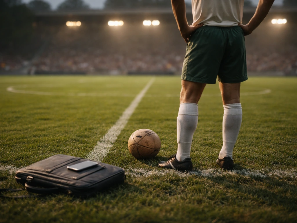 Anonymous football midfielder on a grass pitch with a football and laptop bag, suggesting sports and financial analysis.