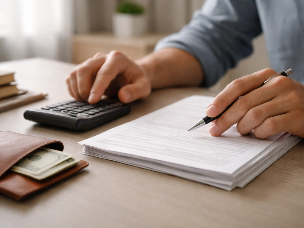 Person in a quiet office reviewing financial documents beside a calculator and cash-filled envelope