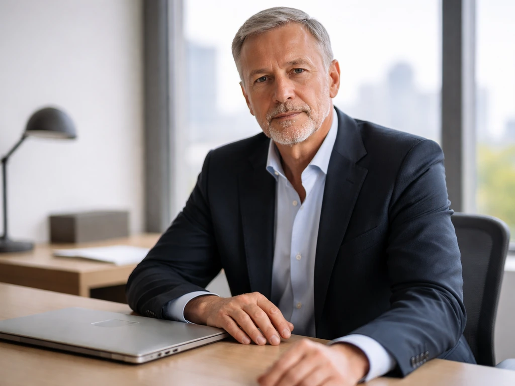Senior financial services professional seated at a clean office desk with a laptop and city view through window