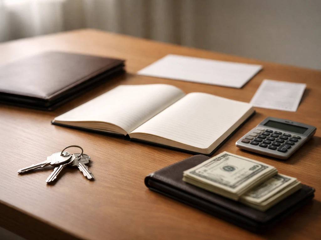 Minimal photo of an open notebook and calculator beside cash and a folder, symbolizing assets minus liabilities.