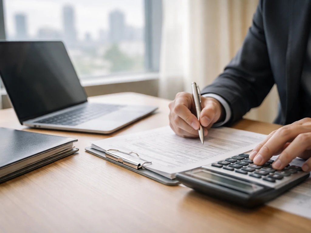 Hands at a minimal desk with laptop and documents, suggesting financial wealth estimation analysis.