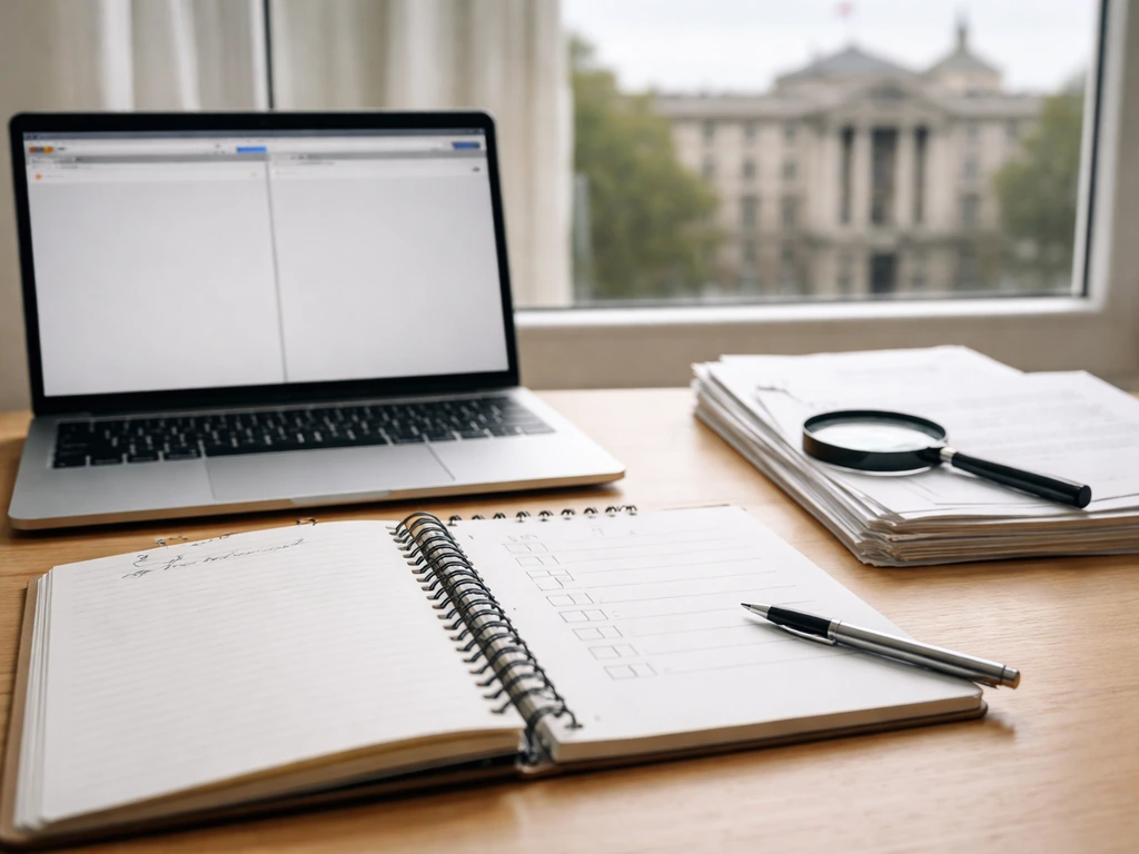 Minimal desk scene with a laptop, open browser tabs, and a checklist notepad for verifying public records