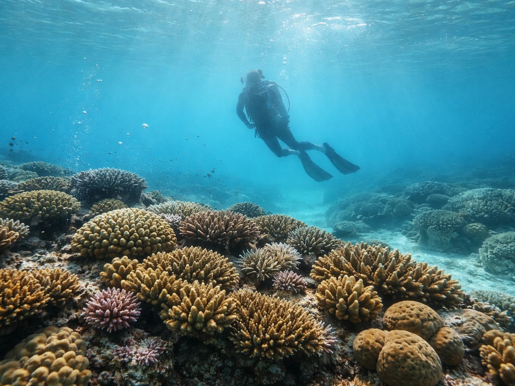 Sunlit coral reef with scuba diver silhouette off Mo'orea, symbolizing ocean conservation and restoration