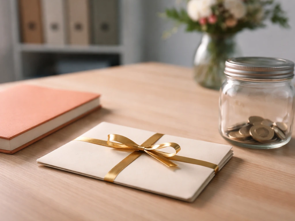 Personless fundraising-themed scene with a donation envelope and glossy gold details on a desk