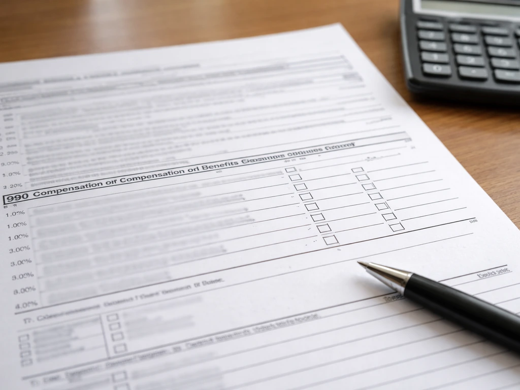 Close-up of a Form 990-style page on a desk, with compensation section fields visible but unreadable.