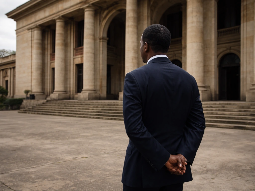 A vintage Ivorian government building exterior with a thoughtful historical political mood.
