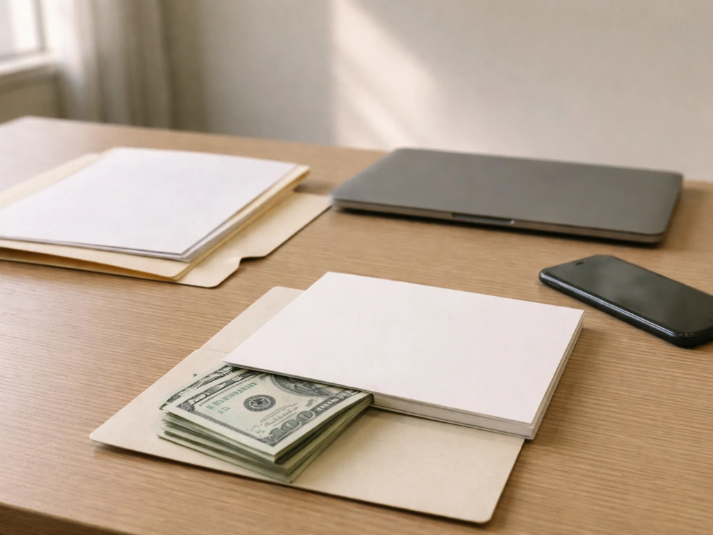 Minimal office desk with unbranded papers and a small cash stack, evoking research-backed financial analysis.