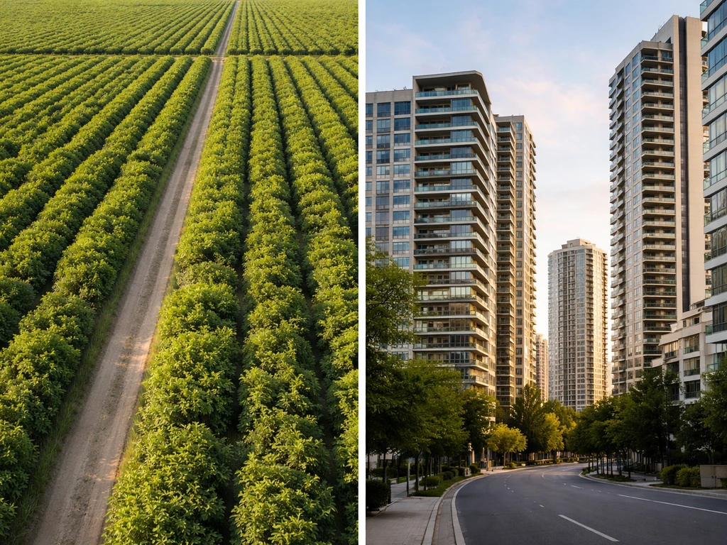 Split view of green plantation rows on the left and city buildings on the right.