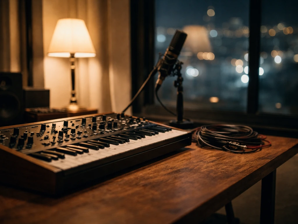 Minimal studio scene with music gear and a dim city backdrop, symbolizing composer success and finance analysis