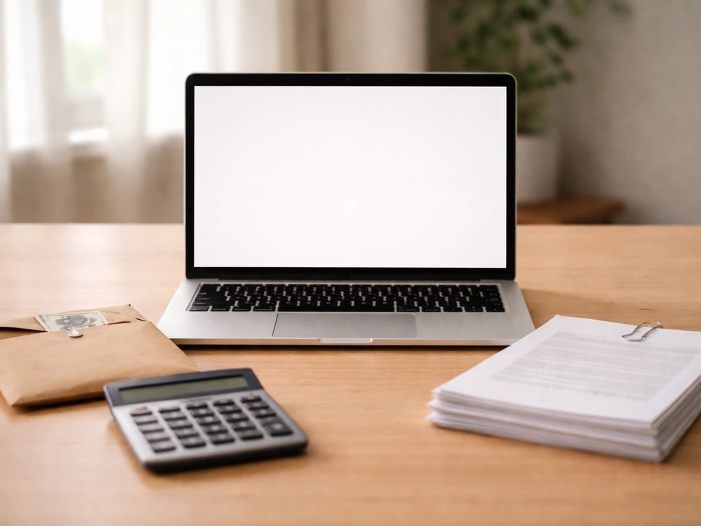 An open laptop beside a small cash envelope and a calculator in a quiet office, symbolizing net worth breakdown.