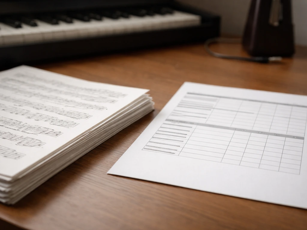 Close-up of sheet music beside a royalty statement-style document with a piano keyboard softly in the background.