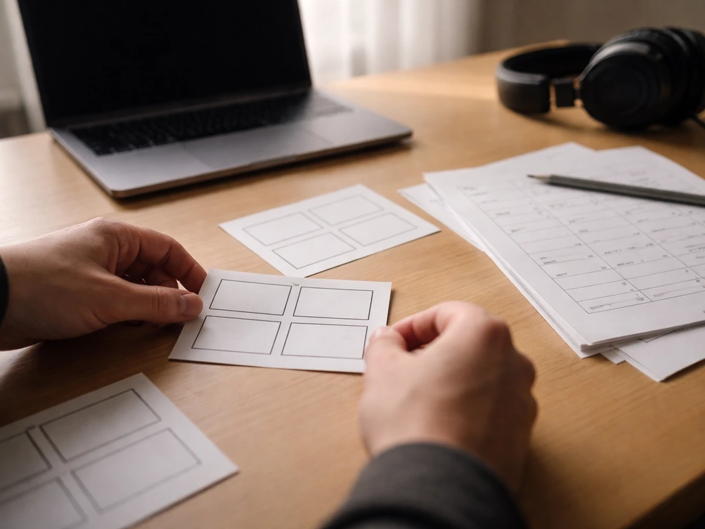 Empty film storyboard panel beside a music cue sheet concept, suggesting sync licensing payments.