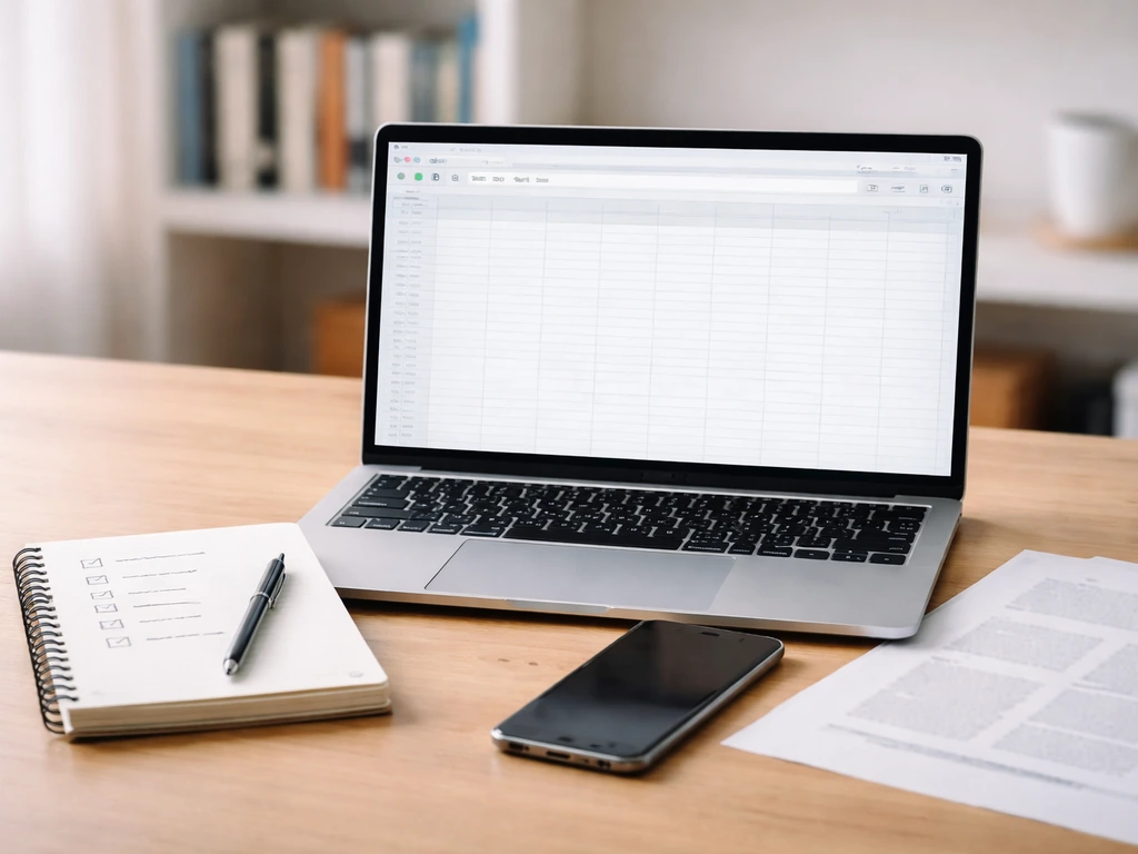 Minimal desk scene with laptop and checklist notebook for verifying data sources and building an estimate.