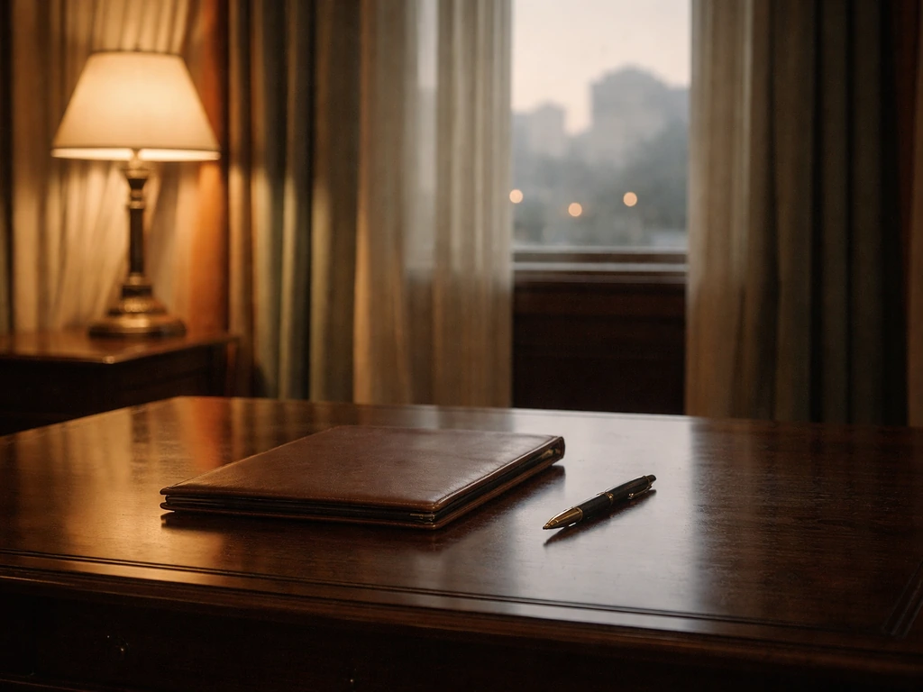 Empty formal desk with vintage pen and folio in a muted government office, archival mood, no people.
