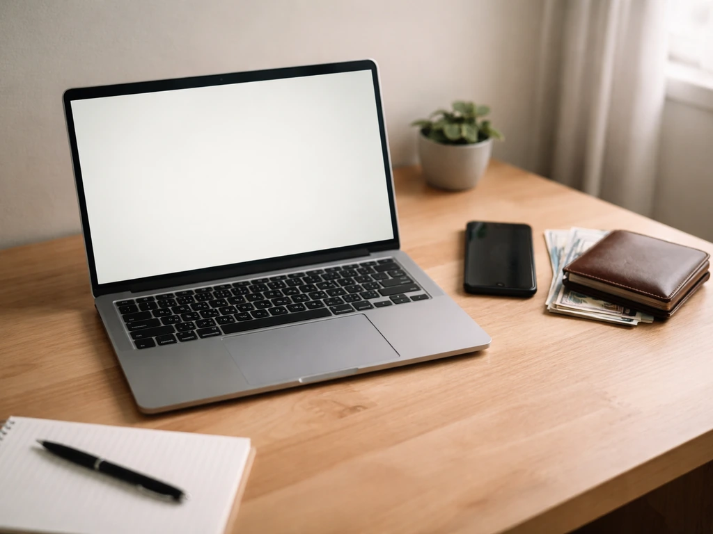 Minimal desk scene with laptop, wallet, and phone suggesting researching and comparing net-worth estimates.