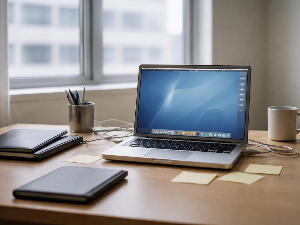 Quiet tech workspace with a laptop displaying classic OS X-style interface and a business vibe