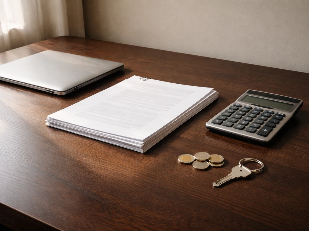 Minimal photo of a tidy desk with a calculator, stock certificate-style paper, and a laptop for career and investments
