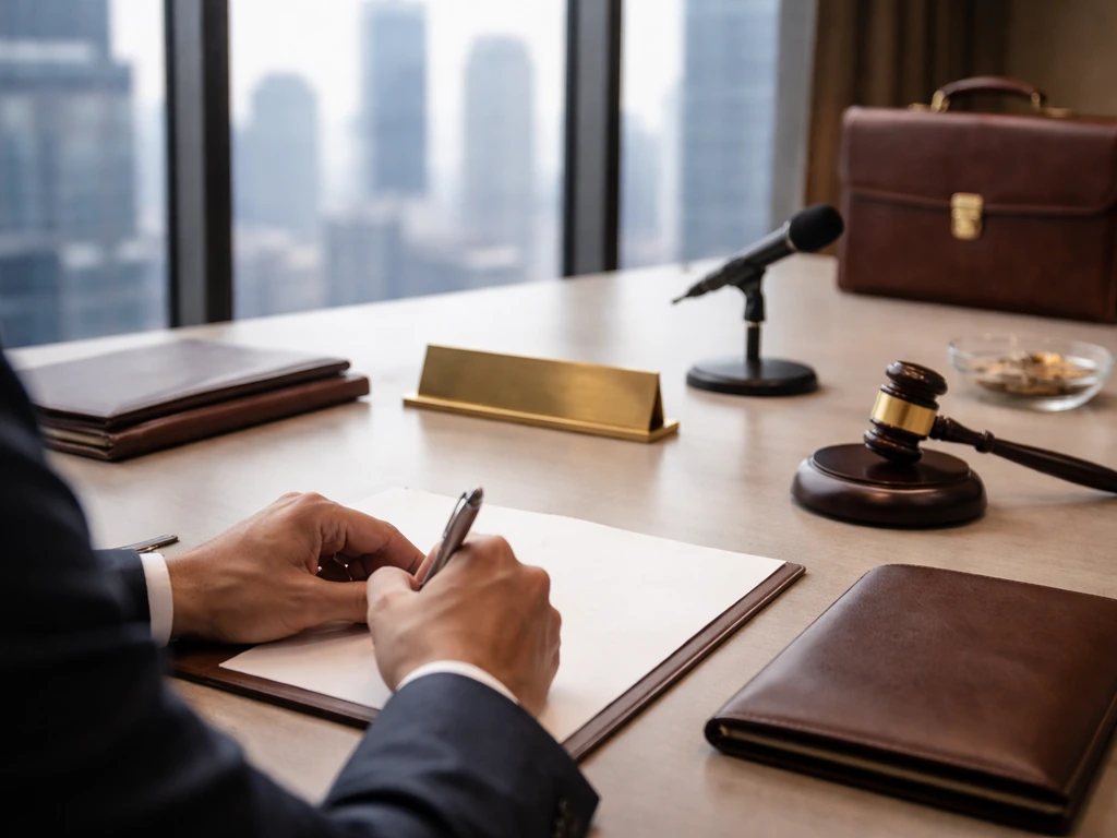 Anonymous hands in a modern arbitration-style office with gavel, legal folders, microphone, and city view