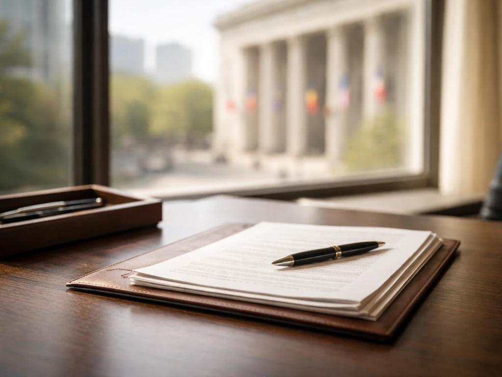 Minimal photo of an international arbitration lawyer’s desk with legal documents, pen, and a courthouse view through win