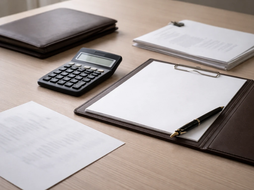 Minimal photo of a desk with paperwork, a calculator, and a fountain pen suggesting earnings-based net worth estimation