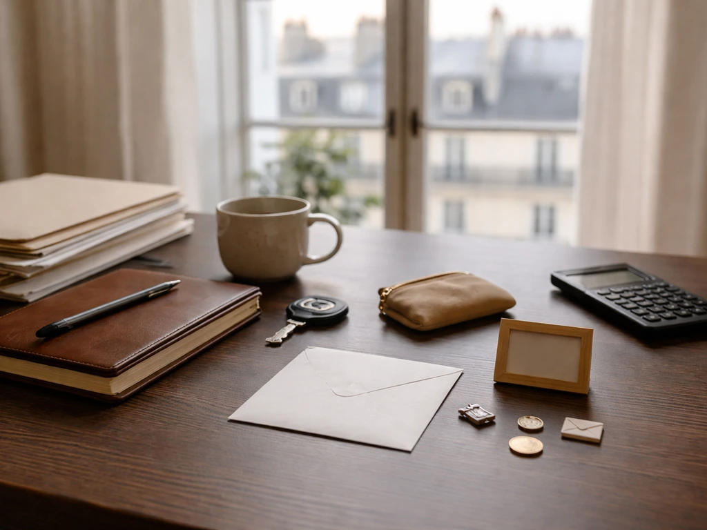 Minimal desktop scene with key, coins, envelope, and folders suggesting assets and mortgage liabilities.