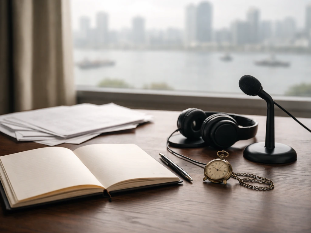 Minimal desk scene with trading documents, pocket watch, headphones, and a microphone, suggesting commodities and mediat