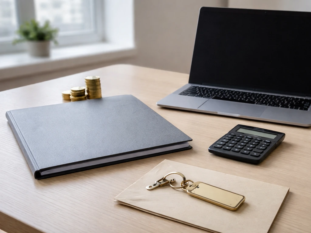Minimal office desk with a closed contract folder, coin stack, and a calculator beside a laptop, symbolizing conservativ
