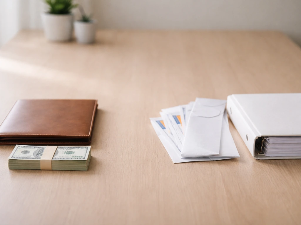 Simple split scene showing assets vs liabilities through objects on a desk, money and bills separated