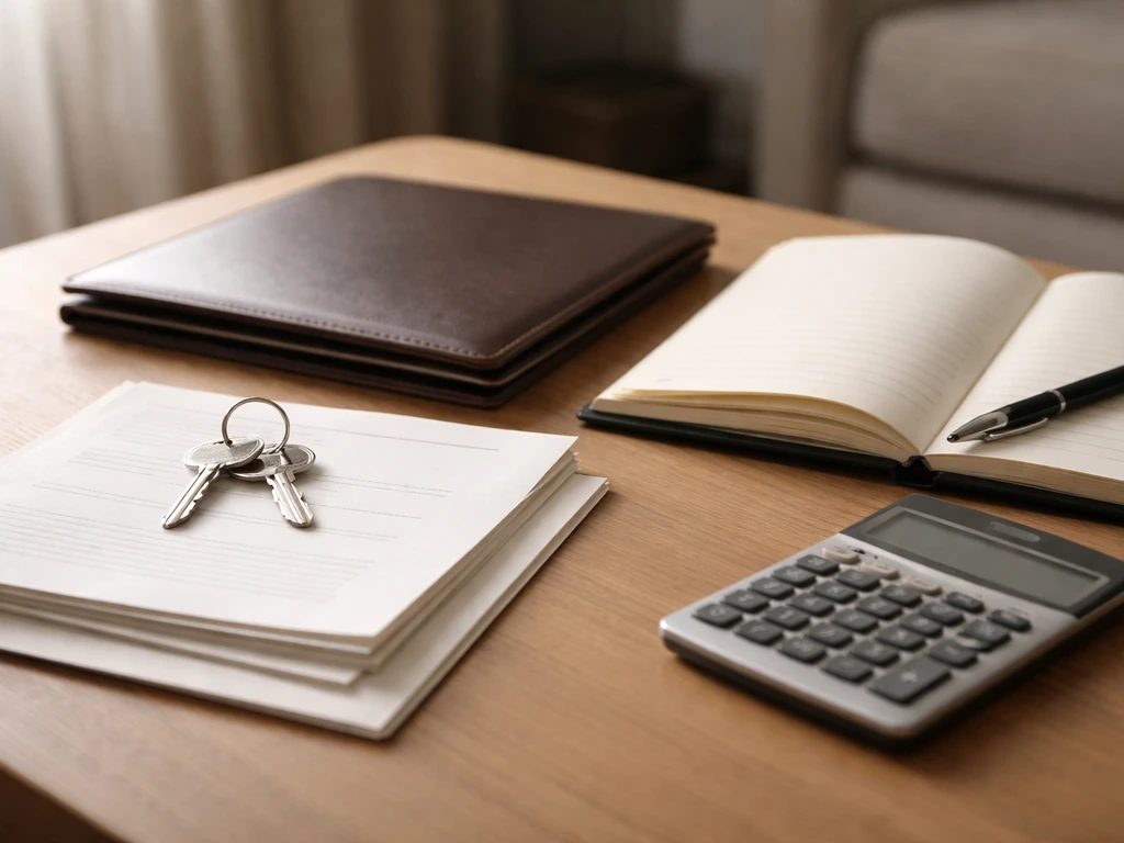 Minimal tabletop still life with keys, property papers, and an investment ledger, no person visible.