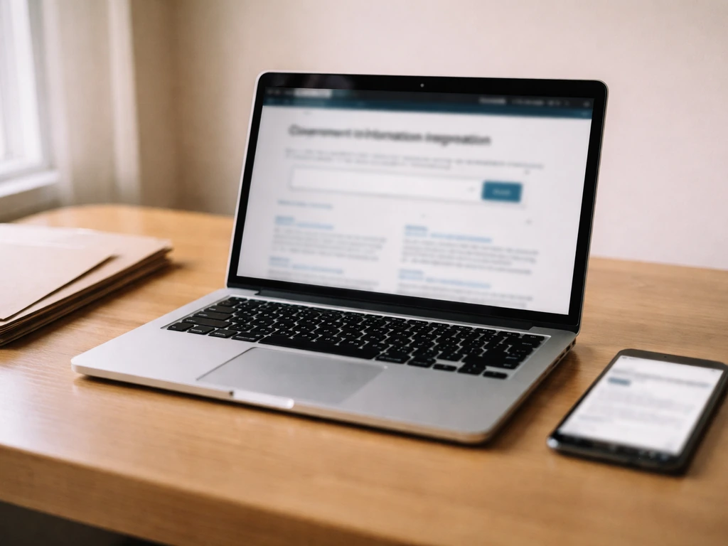 Laptop on a desk showing a blurred Companies House-style webpage for verifying company records