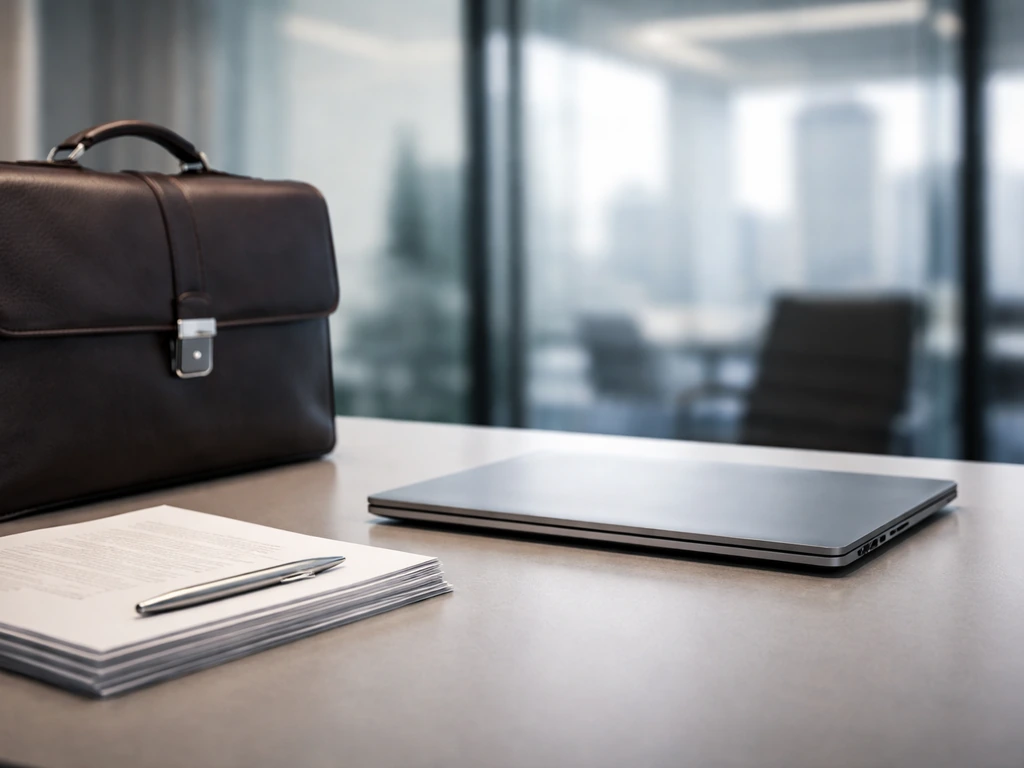 Minimal executive desk scene with laptop and briefcase, symbolizing software leadership and wealth analysis