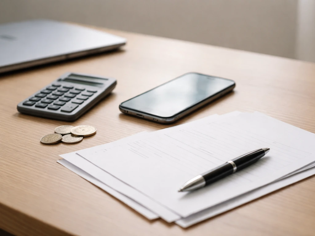 Minimal desk scene with scattered business documents, a smartphone showing blurred figures, and a calculator-like access