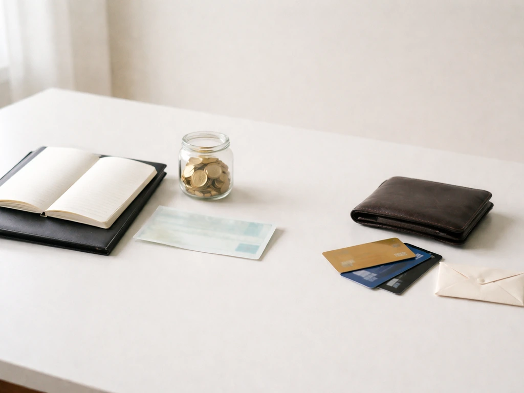 Minimal desk scene with two grouped clusters of money and investment-related items, symbolizing counted vs not-counted w