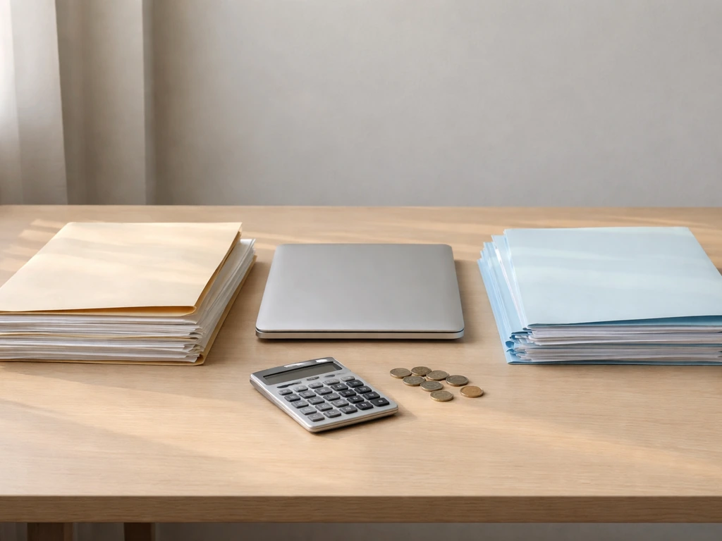Minimal desk with two different colored paper folders, coins, and a closed laptop suggesting differing net-worth snapsho