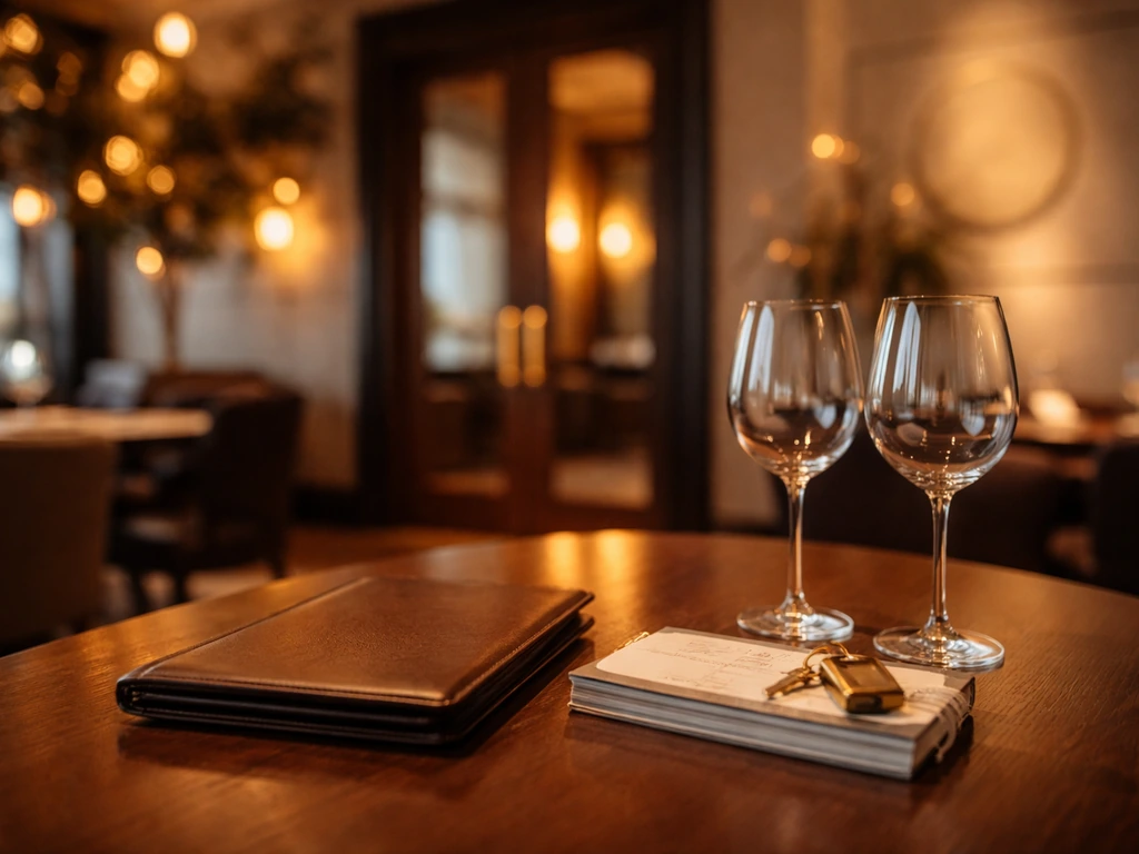 Upscale restaurant interior with a tabletop showing ownership cues like keys and checkbooks, symbolizing restaurant equi