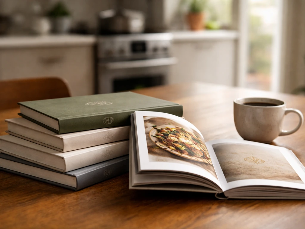 Stack of cookbooks on a wooden table with a luxury kitchen backdrop, suggesting brand licensing and partnerships.